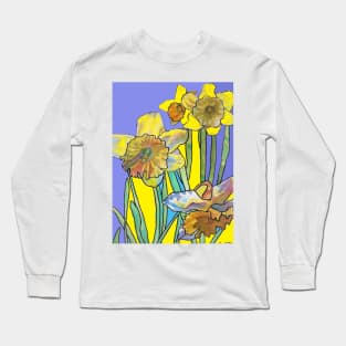 Abstract Yellow Daffodil Watercolor Pattern on Navy Blue Long Sleeve T-Shirt